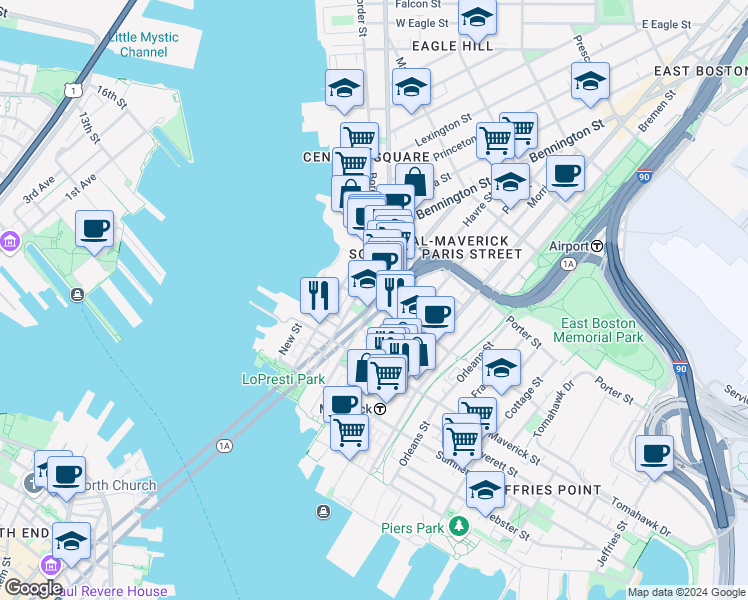 map of restaurants, bars, coffee shops, grocery stores, and more near 89 London Street in Boston