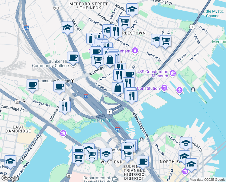 map of restaurants, bars, coffee shops, grocery stores, and more near 14 Rutherford Avenue in Boston