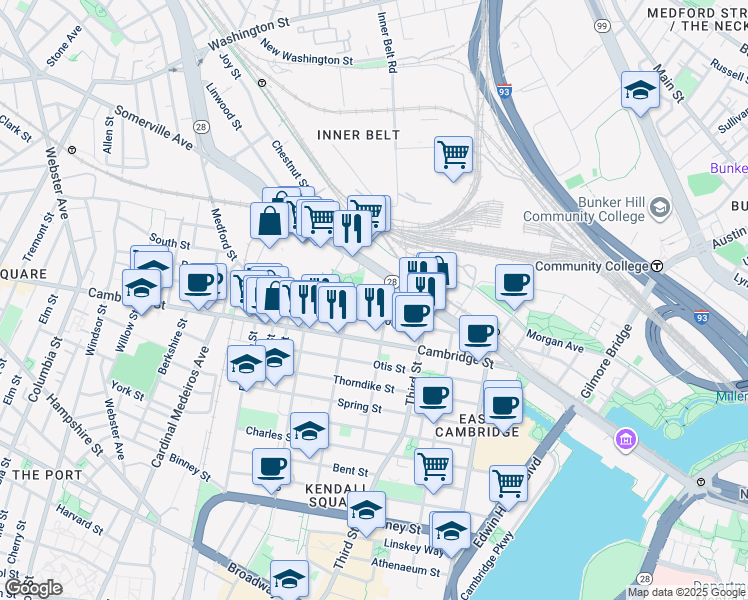 map of restaurants, bars, coffee shops, grocery stores, and more near 91 Gore Street in Cambridge