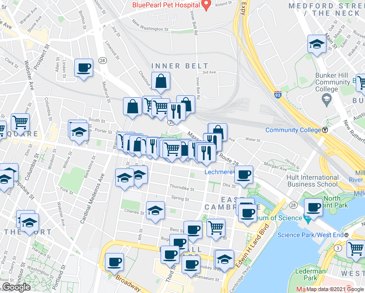 map of restaurants, bars, coffee shops, grocery stores, and more near 91 Gore Street in Cambridge