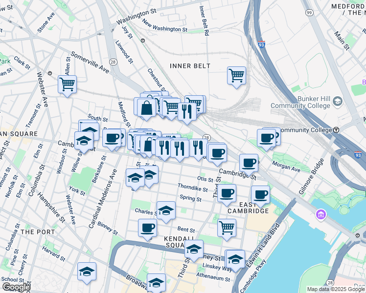 map of restaurants, bars, coffee shops, grocery stores, and more near in Cambridge