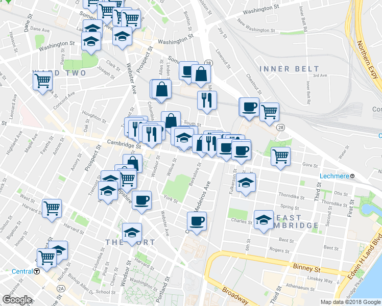 map of restaurants, bars, coffee shops, grocery stores, and more near 832 Cambridge Street in Cambridge