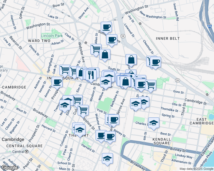 map of restaurants, bars, coffee shops, grocery stores, and more near 832 Cambridge Street in Cambridge