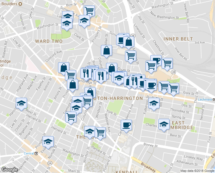 map of restaurants, bars, coffee shops, grocery stores, and more near 3 Palermo Street in Cambridge
