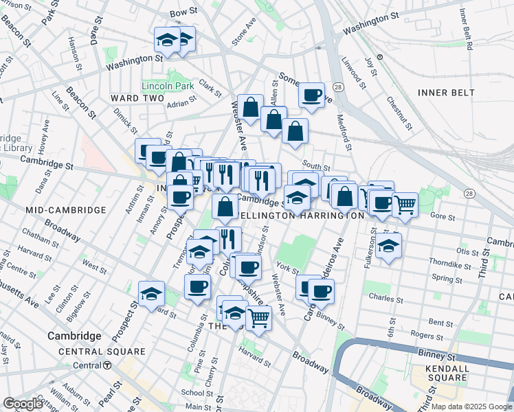 map of restaurants, bars, coffee shops, grocery stores, and more near 453 R Windsor Street in Cambridge