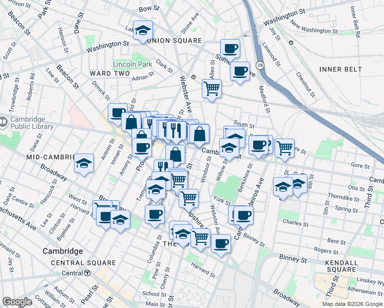 map of restaurants, bars, coffee shops, grocery stores, and more near 361 Columbia Street in Cambridge