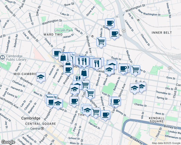 map of restaurants, bars, coffee shops, grocery stores, and more near 361 Columbia Street in Cambridge
