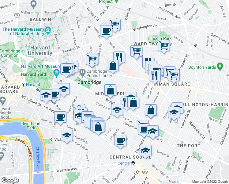 map of restaurants, bars, coffee shops, grocery stores, and more near in Cambridge