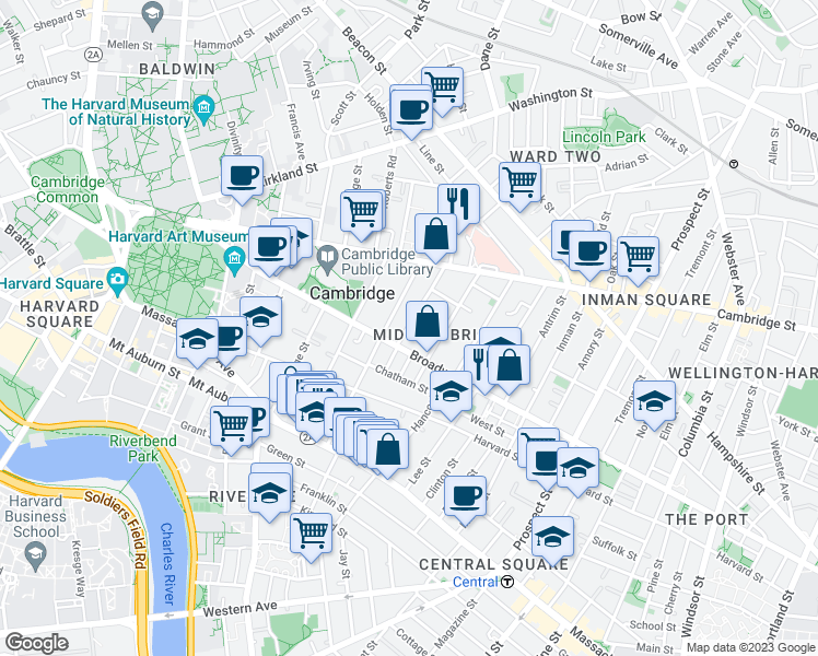 map of restaurants, bars, coffee shops, grocery stores, and more near 399 Broadway in Cambridge