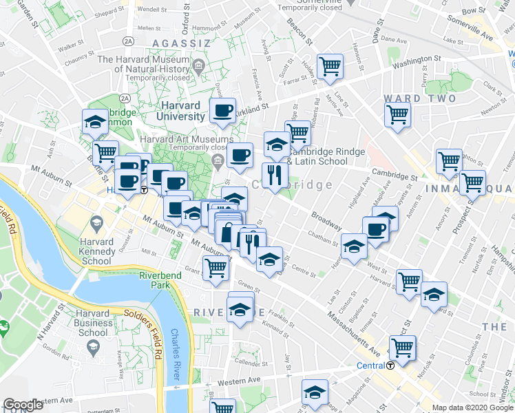 map of restaurants, bars, coffee shops, grocery stores, and more near 4 Trowbridge Place in Cambridge