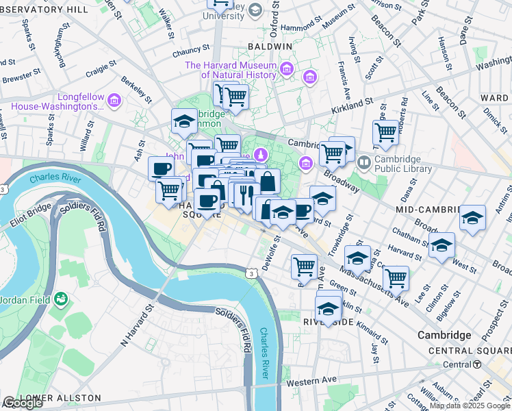 map of restaurants, bars, coffee shops, grocery stores, and more near 65 Mount Auburn Street in Cambridge