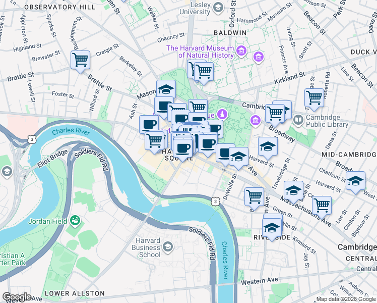 map of restaurants, bars, coffee shops, grocery stores, and more near 46 Dunster Street in Cambridge