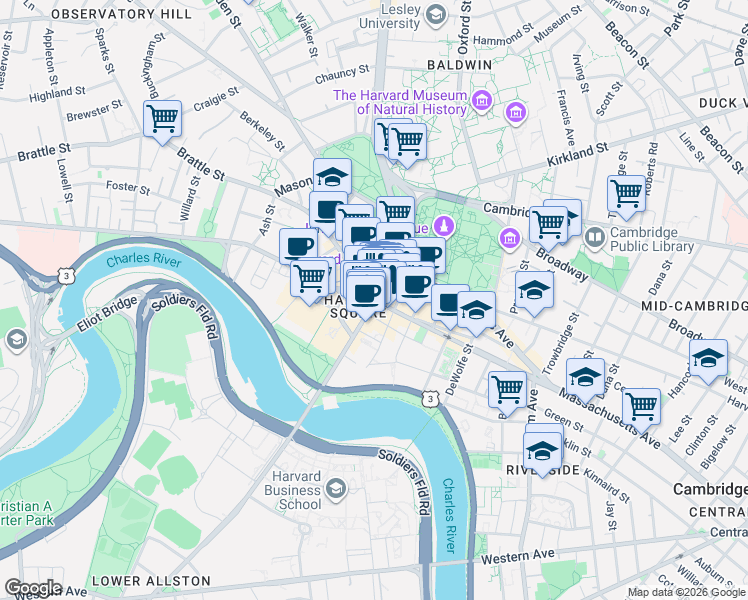 map of restaurants, bars, coffee shops, grocery stores, and more near 46 Dunster Street in Cambridge