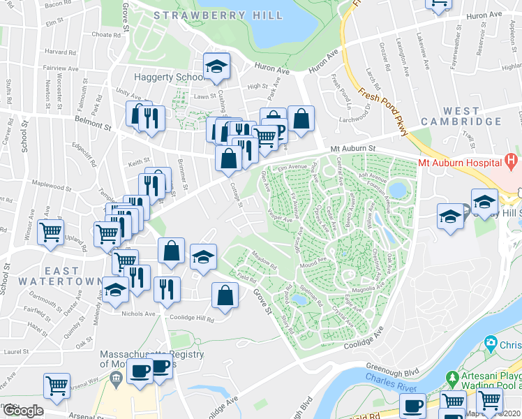 map of restaurants, bars, coffee shops, grocery stores, and more near 18 Sexton Street in Watertown