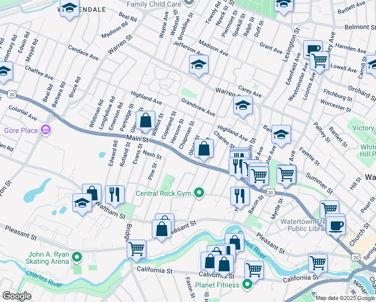 map of restaurants, bars, coffee shops, grocery stores, and more near 543 Main Street in Watertown