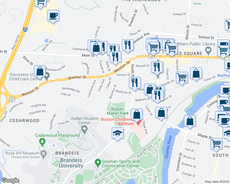 map of restaurants, bars, coffee shops, grocery stores, and more near 66 Boynton Street in Waltham