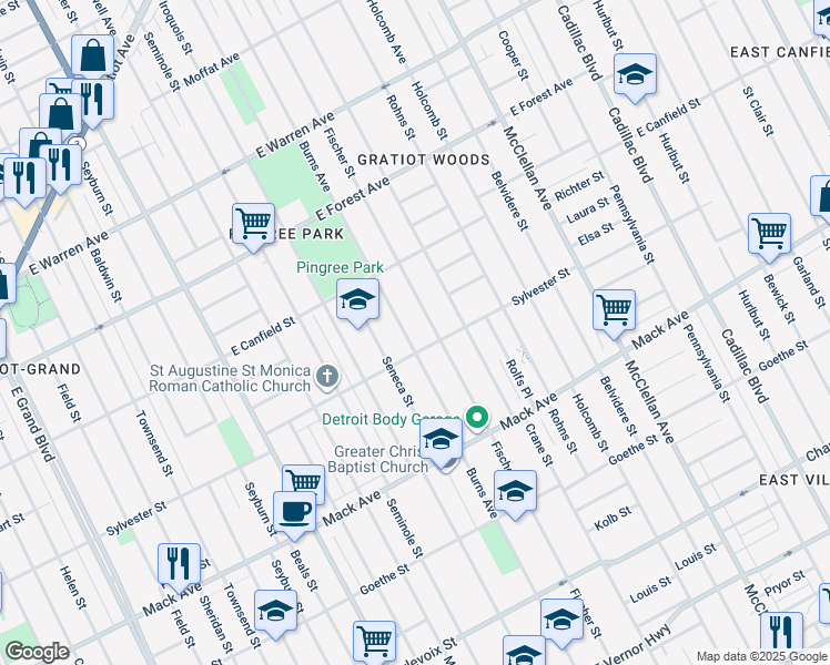 map of restaurants, bars, coffee shops, grocery stores, and more near 4103 Burns Avenue in Detroit