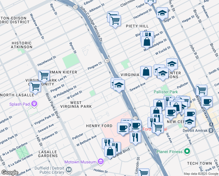 map of restaurants, bars, coffee shops, grocery stores, and more near 1146 Seward Avenue in Detroit