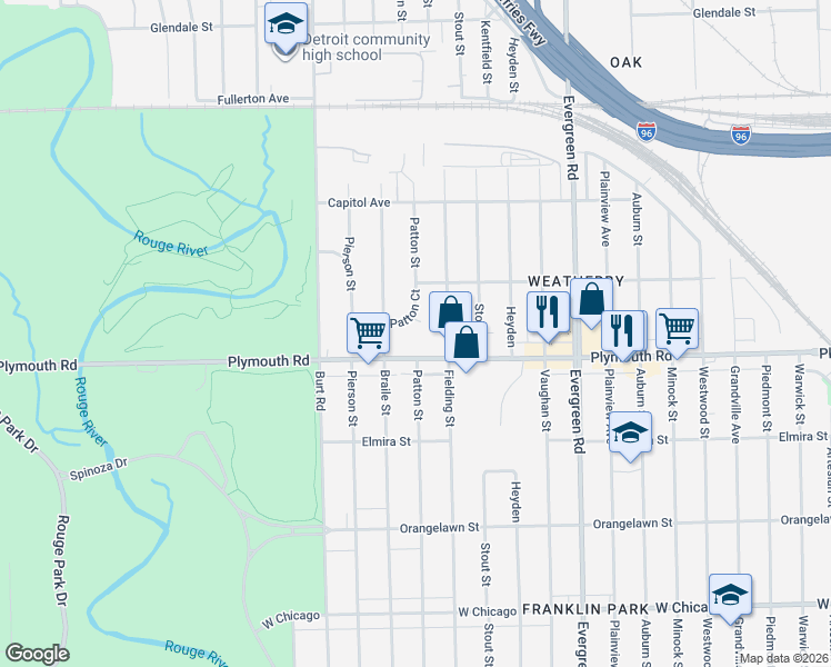 map of restaurants, bars, coffee shops, grocery stores, and more near 20522 Plymouth Road in Detroit