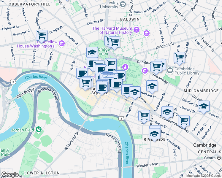 map of restaurants, bars, coffee shops, grocery stores, and more near 33 Dunster Street in Cambridge