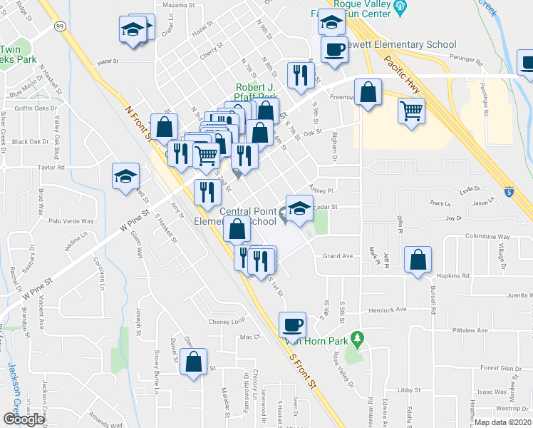 map of restaurants, bars, coffee shops, grocery stores, and more near 298 Ash Street in Central Point