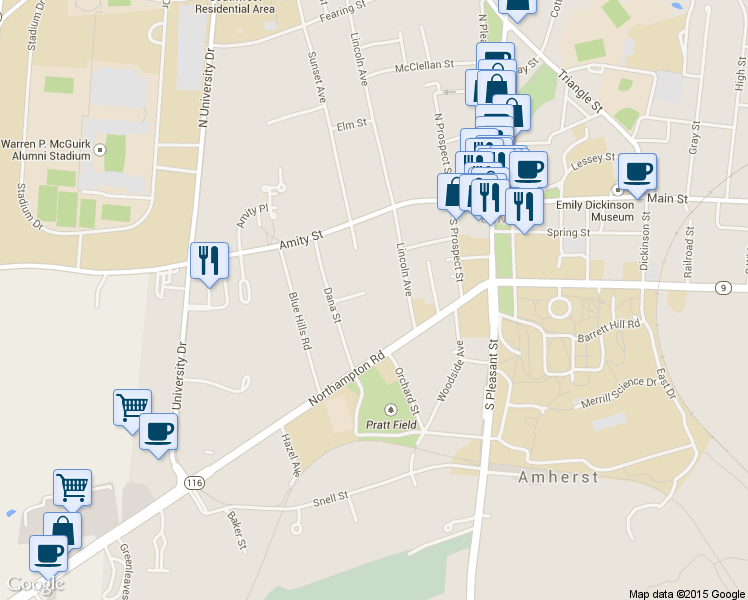 map of restaurants, bars, coffee shops, grocery stores, and more near 33 Dana Place in Amherst