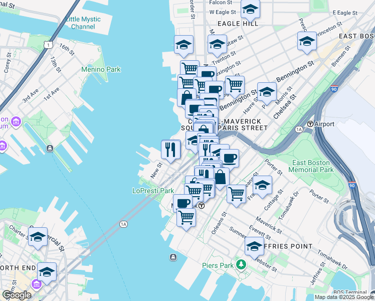 map of restaurants, bars, coffee shops, grocery stores, and more near 106 Liverpool Street in Boston