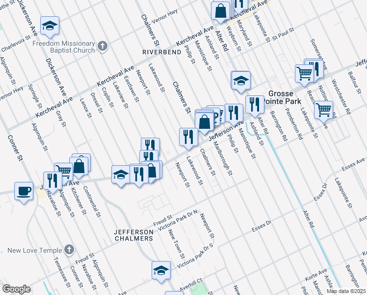map of restaurants, bars, coffee shops, grocery stores, and more near 14229 East Jefferson in Detroit