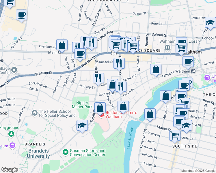 map of restaurants, bars, coffee shops, grocery stores, and more near 43 Bedford Street in Waltham