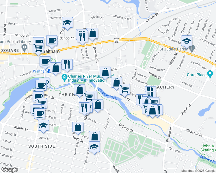 map of restaurants, bars, coffee shops, grocery stores, and more near 288 River Street in Waltham