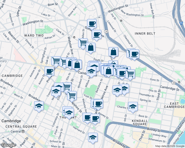 map of restaurants, bars, coffee shops, grocery stores, and more near 832 Cambridge Street in Cambridge
