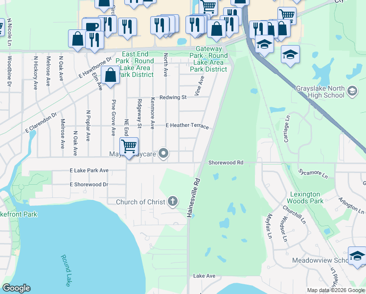 map of restaurants, bars, coffee shops, grocery stores, and more near 532 East Shorewood Road in Round Lake Beach