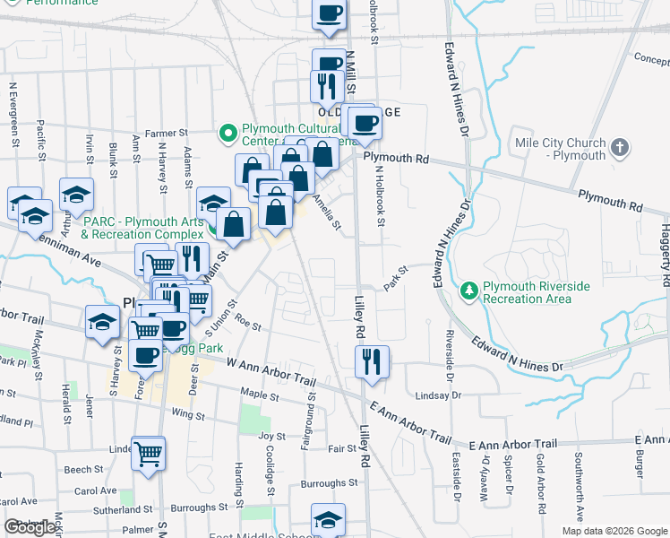 map of restaurants, bars, coffee shops, grocery stores, and more near 205 North Sydney Court in Plymouth