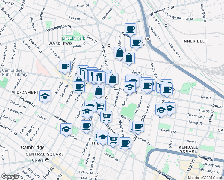 map of restaurants, bars, coffee shops, grocery stores, and more near 453R Windsor Street in Cambridge