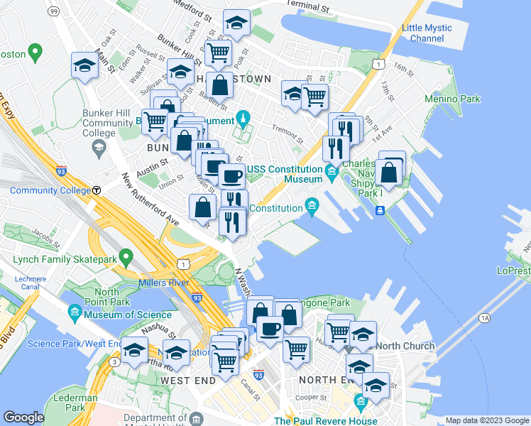 map of restaurants, bars, coffee shops, grocery stores, and more near 62 Constitution Road in Boston