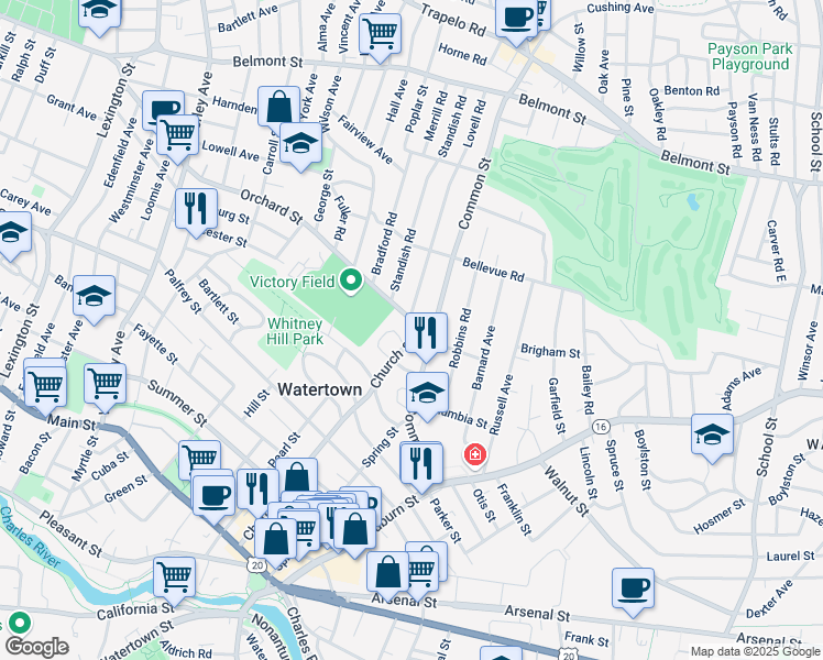map of restaurants, bars, coffee shops, grocery stores, and more near 165 Church Street in Watertown