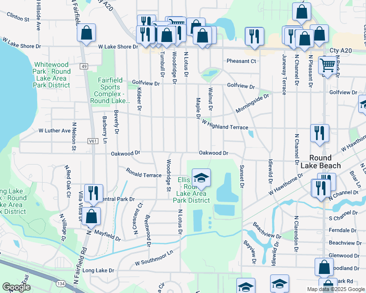 map of restaurants, bars, coffee shops, grocery stores, and more near 809 Oakwood Drive in Round Lake Beach