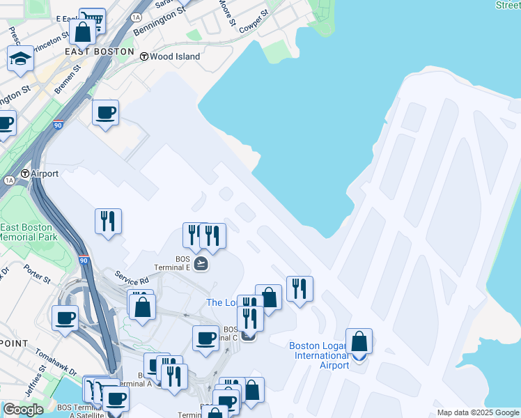 map of restaurants, bars, coffee shops, grocery stores, and more near Harborside Drive in Boston