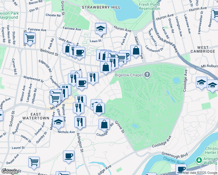 map of restaurants, bars, coffee shops, grocery stores, and more near 8 Cottage Lane in Watertown