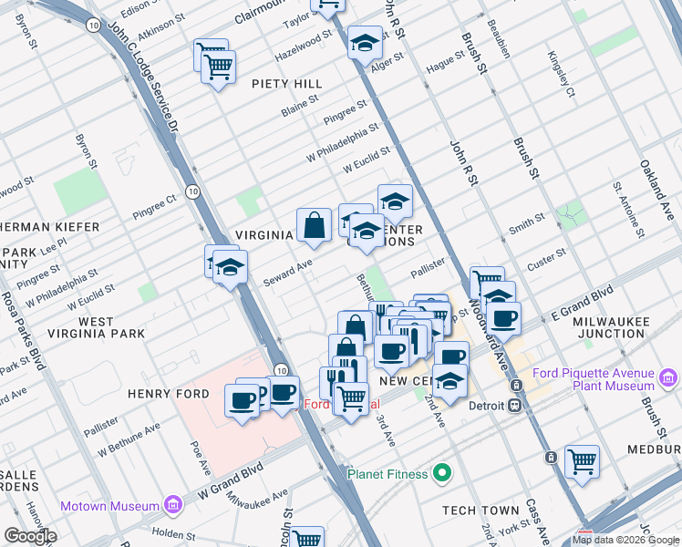 map of restaurants, bars, coffee shops, grocery stores, and more near 707 Delaware Street in Detroit