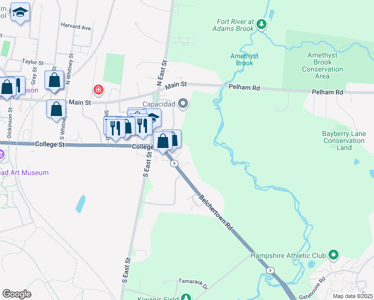 map of restaurants, bars, coffee shops, grocery stores, and more near 44 Belchertown Road in Amherst