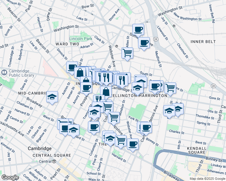 map of restaurants, bars, coffee shops, grocery stores, and more near 1066 Cambridge Street in Cambridge