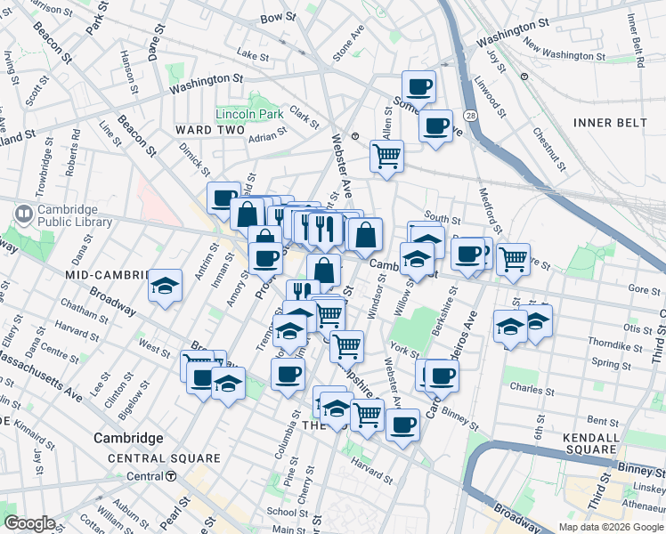 map of restaurants, bars, coffee shops, grocery stores, and more near 361 Columbia Street in Cambridge