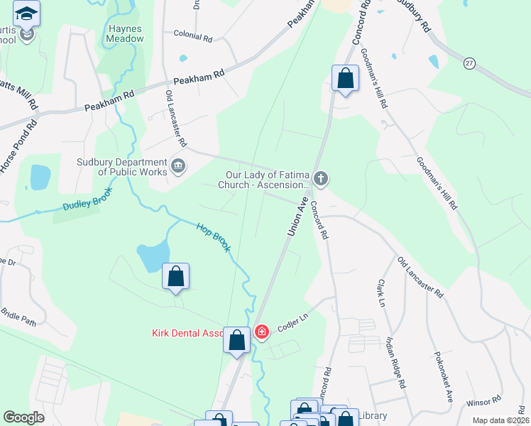 map of restaurants, bars, coffee shops, grocery stores, and more near 40 Meadow Drive in Sudbury
