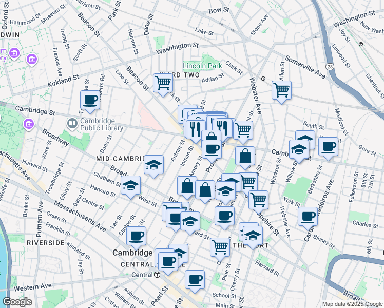 map of restaurants, bars, coffee shops, grocery stores, and more near 116 Inman Street in Cambridge