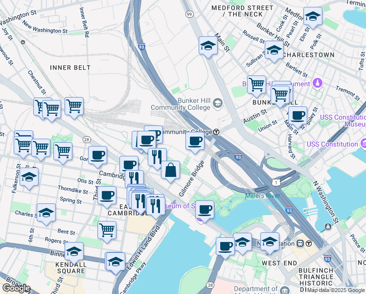 map of restaurants, bars, coffee shops, grocery stores, and more near 350 Water Street in Cambridge