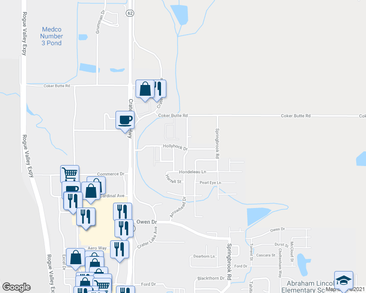 map of restaurants, bars, coffee shops, grocery stores, and more near 3877 Arrowhead Drive in Medford
