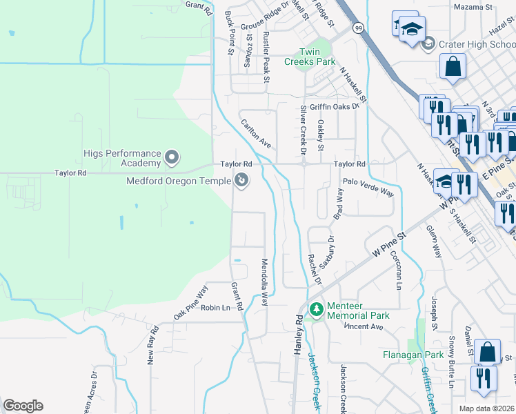 map of restaurants, bars, coffee shops, grocery stores, and more near 924 Mendolia Way in Central Point