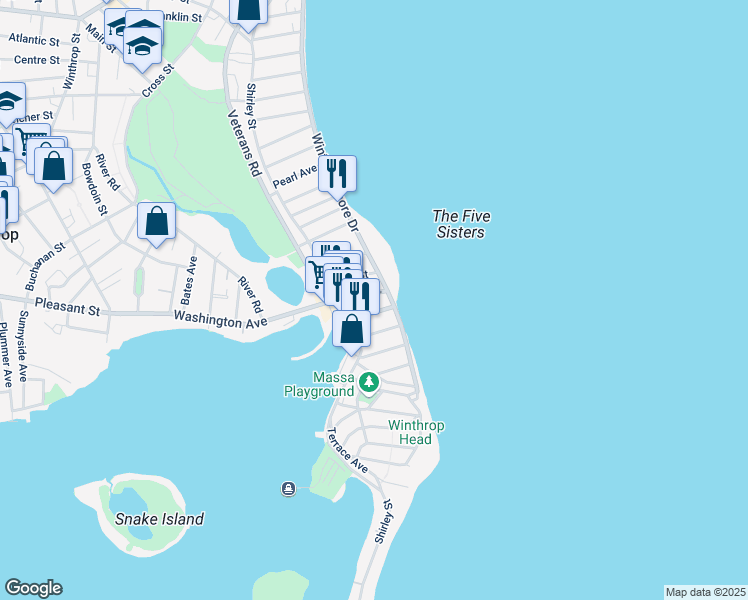 map of restaurants, bars, coffee shops, grocery stores, and more near 29 Underhill Street in Winthrop