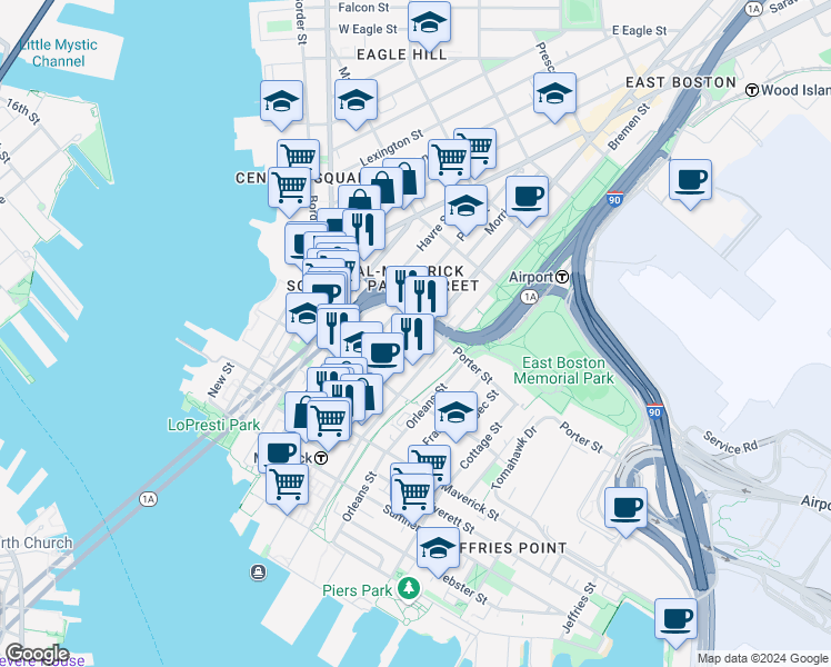 map of restaurants, bars, coffee shops, grocery stores, and more near 142 Bremen Street in Boston